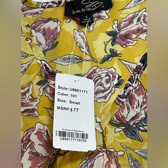 Suzanne Betro Yellow Floral Sheer Balloon Sleeve V-Neck Blouse NWT Size S - Picture 6 of 9